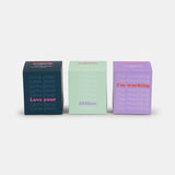 Verpakking van de DIEP'R SCENTED CANDLES - Geurkaarsen set van 3 met quotes