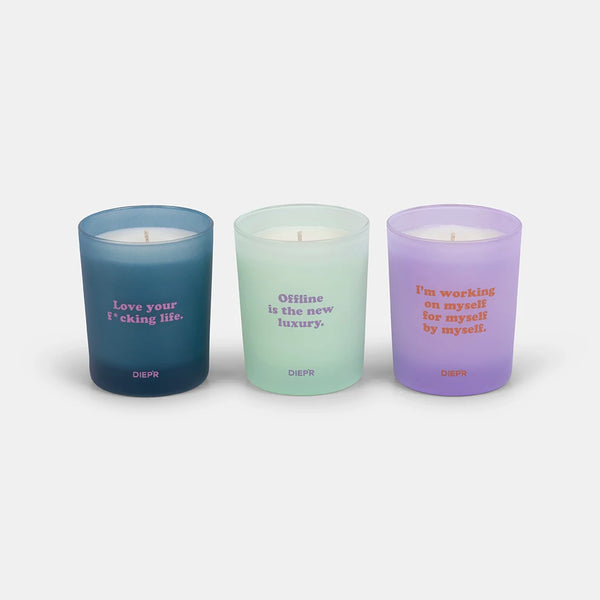 DIEP'R SCENTED CANDLES Geurkaarsen set van 3 met quotes